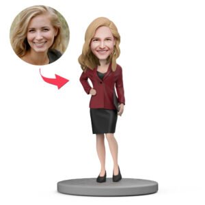 female boss bobblehead india in red suit and short skirt with engraved text