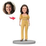 female boss bobblehead india in yellow suit with custom engraved text gift