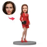 Custom female boss bobblehead India stylish red suit with handbag gift