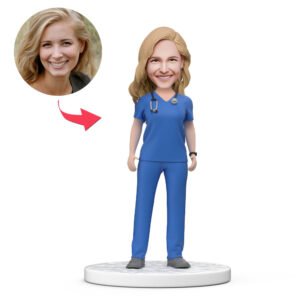 female doctor bobblehead india in blue scrubs with engraved National Doctors Day message