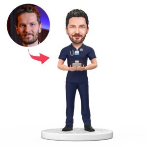 Custom male doctor bobblehead India dark blue scrubs with engraved National Doctors Day gift