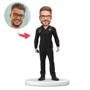 Personalized male doctor bobblehead India gift in black scrubs with engraved text