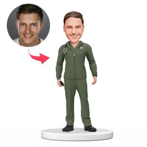 Personalized male doctor bobblehead India gift in green scrubs with engraved text