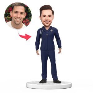 Personalized male doctor bobblehead India gift in blue scrubs with engraved text
