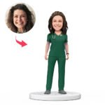 female doctor bobblehead india in green scrubs with engraved name gift