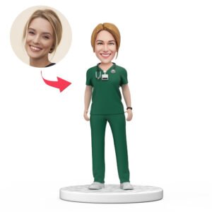 Custom female doctor bobblehead India in green scrubs with engraved National Doctors Day text