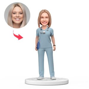 Custom female doctor bobblehead India in light blue scrubs with engraved National Doctors Day text