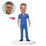 custom male doctor bobblehead india in blue scrubs with engraved name and message