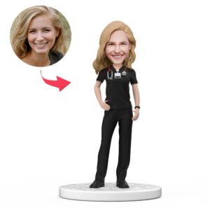 Custom female doctor bobblehead India in black scrubs with engraved National Doctors Day text