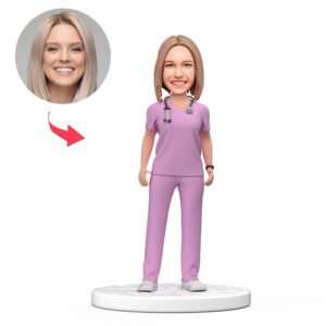 Custom female doctor bobblehead India in purple scrubs with engraved National Doctors Day text