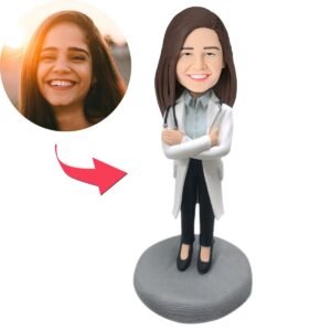 personalised female doctor bobblehead india in lab coat with stethoscope and engraved text