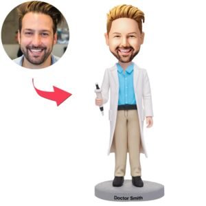 Custom male doctor bobblehead india holding syringe with engraved name