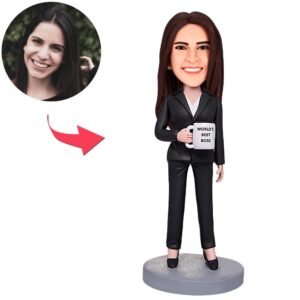 Custom business woman bobblehead india holding water glass with engraved text