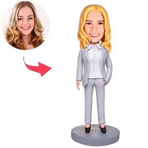 Grey suit business woman bobblehead india custom engraved personalised gift